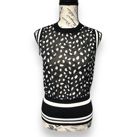 Bar III Black White Polka Dot Sheer Stretch Knit Top Preppy Career Size Small - Picture 2 of 14